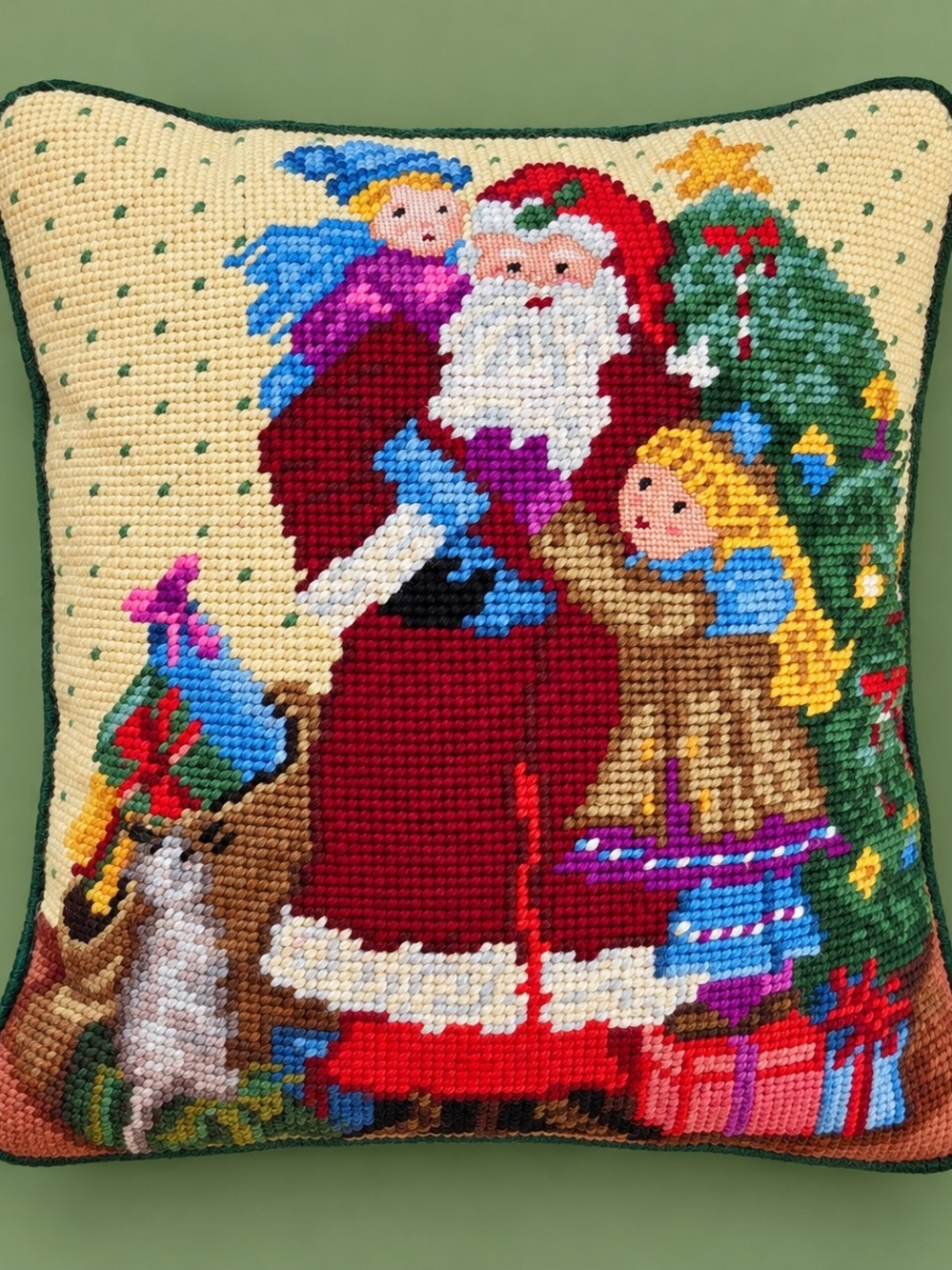 Vintage Needlepoint Santa Christmas Pillow 11x9 Velvet Back Holiday Decor
